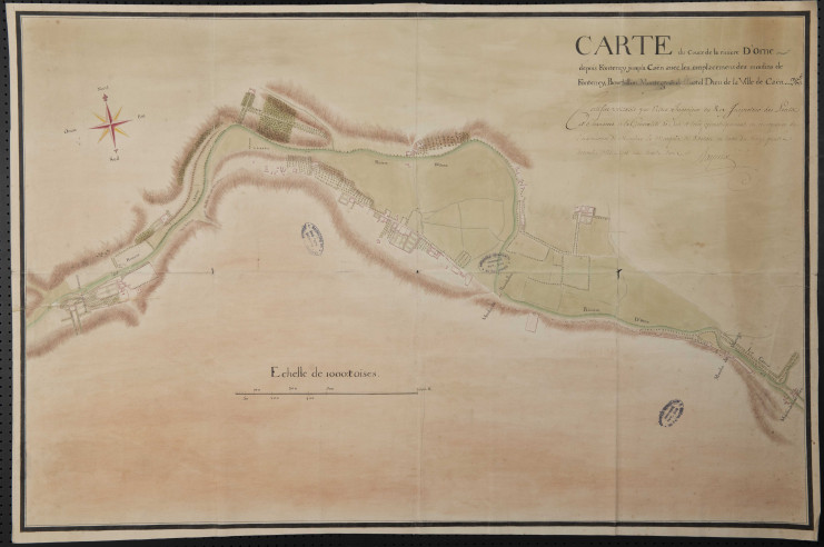 Plan du cours de l'Orne et de l'emplacement des moulins de Fontenay à Saint-André-sur-Orne, de Bourbillon à Fleury-sur-Orne, de Montaigu et de l'Hôtel-Dieu à Caen, 1733, AD14, H/2382