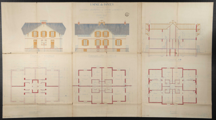 Ce document regroupe des plans aquarellés en élévation ainsi que des plans de la répartition des pièces par étage.