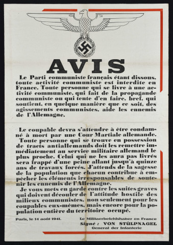 Occupation allemande : avis sur la dissolution du Parti Communiste français