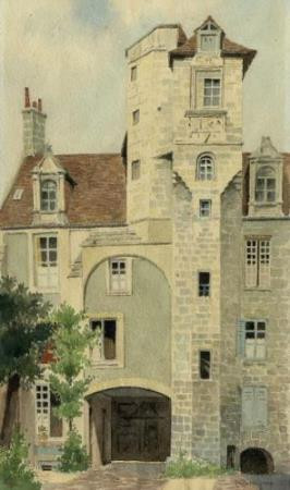 Peinture aquarelle de la maison des Quatrans vue depuis la cour intérieure