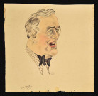 Caricature de Franklin Delano Roosevelt, portrait, vue du 3/4 droit, par Lang