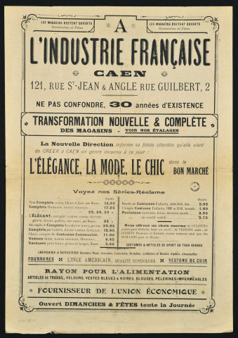 Publicité pour "A l'industrie française". 121, rue Saint-Jean et angle 2 rue Guilbert à Caen (mode, vêtements) (n°7 et 8)