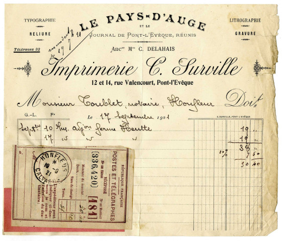 Pont-L'Evêque, imprimerie C. Surville, Le Pays-d'Auge, rue Valencourt : facture à en-tête