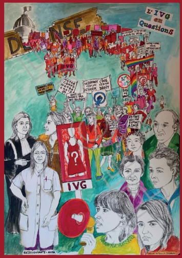 Cette affiche représente une manifestation avec de nombreuses figures de la lutte en faveur du droit à l'avortement. Les manifestants brandissent des pancartes avec des slogans marquants comme "Mon corps, mon choix" ou "L'IVG, c'est un droit".
