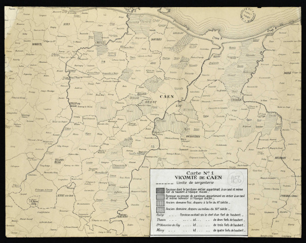 Carte de la vicomté de Caen, établie à partir de la carte des communes, indiquant les limites de sergenteries et les fiefs de haubert