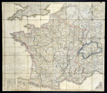 Carte de la France divisée en 86 départements et en 376 arrondissements communaux avec les justices de paix, donnant aussi les routes de poste. J. B. Poirson