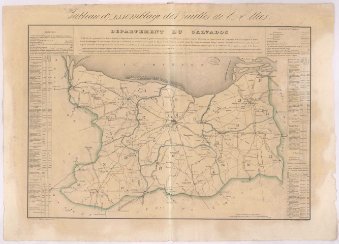 Légende et tableau d'assemblage des feuilles de l'Atlas du département du Calvados de Simon, géomètre en chef du cadastre