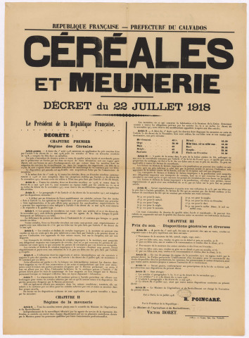 Décret du 22 juillet 1918 relatif aux céréales et meuneries.