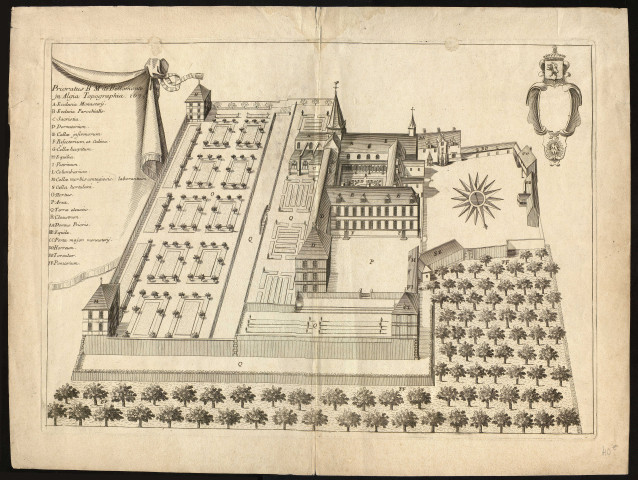 Prieuré de Beaumont-en-Auge représenté sur une planche gravée tirée du livre Monasticon Gallicanum, par Michel Germain (1645-1694) et Achille Peigné-Delacourt (1797-1881)