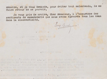 Eugène Meslin demande dans cette lettre à Léonard Gille de lui retourner le pouvoir qu'il lui avait confié seulement à titre provisoire tandis que Léonard Gille se l'arroge de façon illimitée dans le temps.