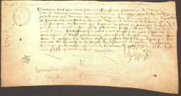 Jehan Neufain (signé Naufan), capitaine de Touques, et Thomas Haliday, vicomte de Pont-Audemer, commis par le roi Henri VI pour prendre et recevoir les montres aux revues des places de Pont-Audemer, Honfleur et Pont-l'Evêque, paient 20 sols tournois à Robinet Hue, clerc, pour avoir transcrit les rôles (26 juin 1448)