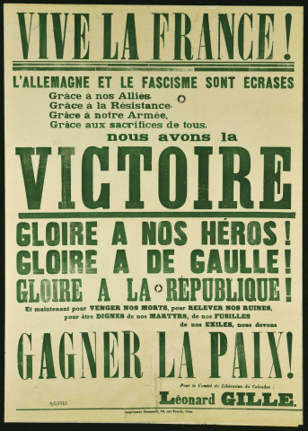 Affiche Vive la France!... du Comité de Libération du Calvados (1945)