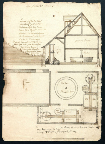 Plan de coupe et d'étage d'un pressoir