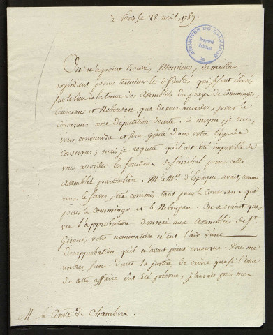 Règlement particulier pour les états de Couserans et lettre du marquis de Villedenis, ministre de l'intérieur, au comte de Chambors : procès- verbal de l'assemblée de la noblesse