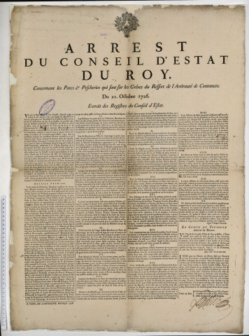 Arrêt du Conseil d'Etat concernant les parcs et pêcheries qui sont sur les grèves du ressort de l'Amirauté de Coutances