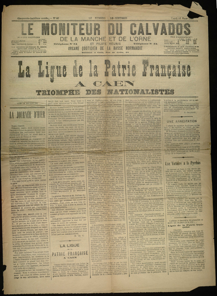 Article revenant sur la venue du général Mercier à Caen et sur la contre-manifestation républicaine organisée pour l'occasion.