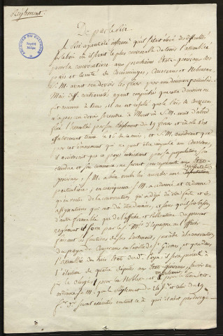 Règlement particulier pour les états de Couserans et lettre du marquis de Villedenis, ministre de l'intérieur, au comte de Chambors : procès- verbal de l'assemblée de la noblesse