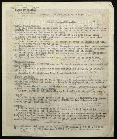 Transcription dactylographiée des informations radiophoniques anglaises diffusée par la permanence de Radio-Normandie à Bayeux