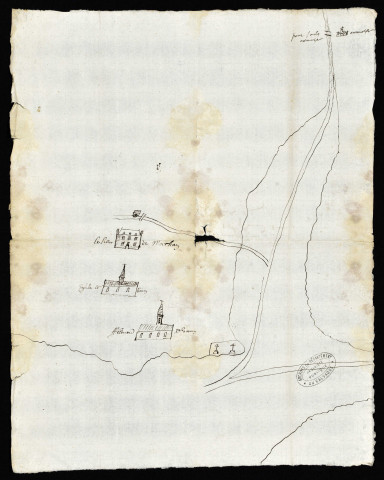 Trois plans issus du terrier, dont un très joli dessin figurant la paroisse Saint-Léonard, le Mont-Saint-Michel et Avranches