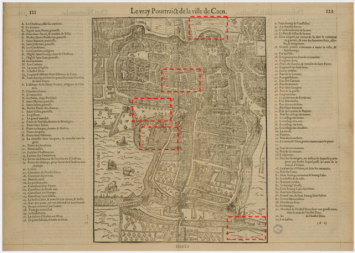 Plan de Belleforest (1575) avec les emplacements sur lesquels on doit placer le second ensemble de photographies de l'actuel Caen