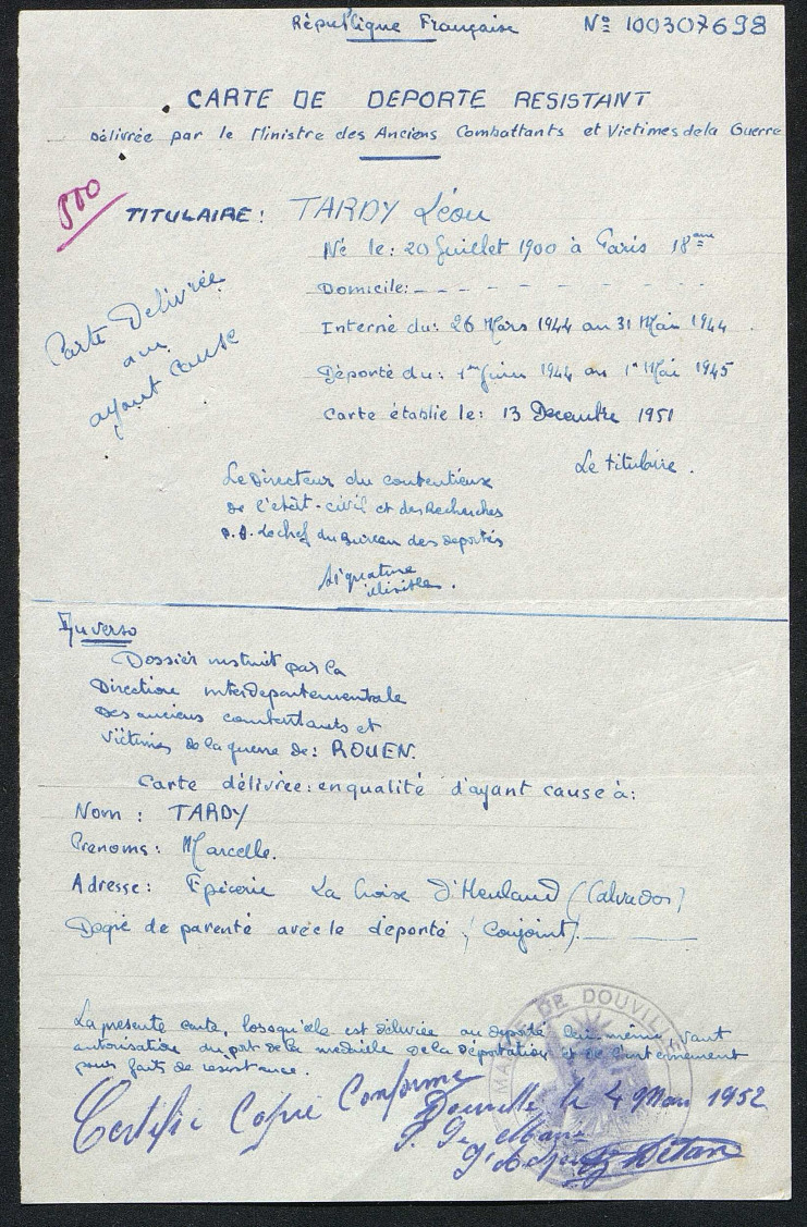 La carte est entièrement manuscrite. Elle indique l'internement de Léon Tardy du 26 mars 1944 au 31 mai 1944 et sa déportation du 1 juin 1944 au 1 mai 1945. C'est Marcelle Tardy sa conjointe qui a réalisé les démarches pour obtenir cette carte.