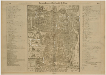 Plan de Belleforest (1575) avec les emplacements sur lesquels on doit placer les photographies de l'actuel Caen
