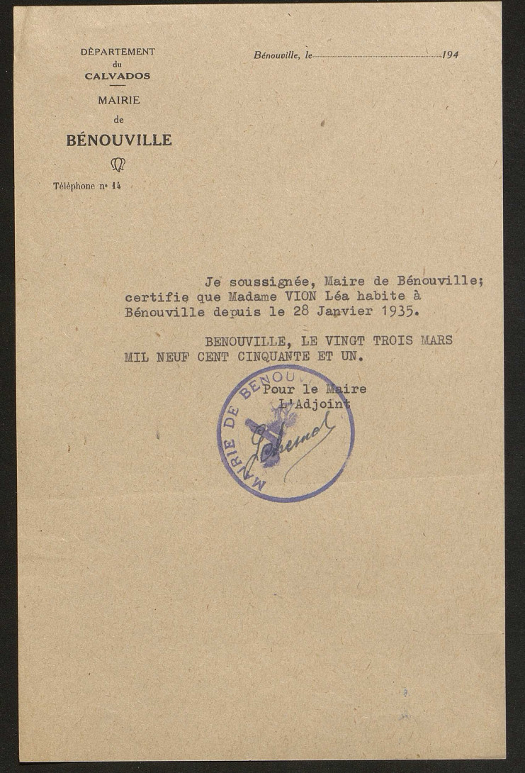 Léa Vion habite à Bénouville depuis le 28 janvier 1935.