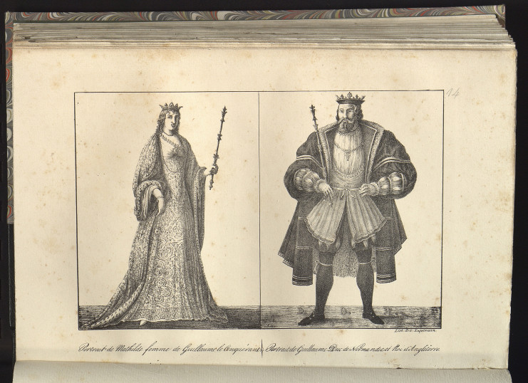 Mathilde et Guillaume sont représentés côte à côte et ont tous les deux un sceptre et une couronne. Mathilde est vêtue d'une robe et Guillaume a un grand manteau.