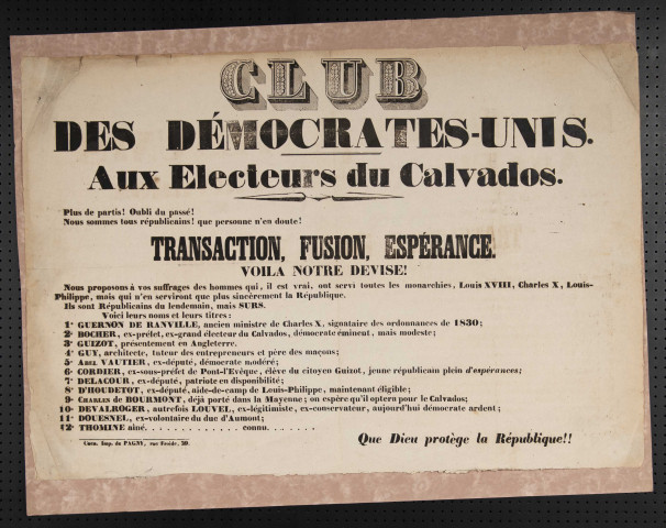 Affiche électorale du Club des démocrates-unis du Calvados [1848] (document n°1)