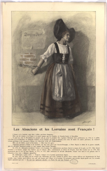 Une femme en costume traditionnel alsacien est attachée à un mur. Le titre proclame que les alsaciens et les lorrains sont français !