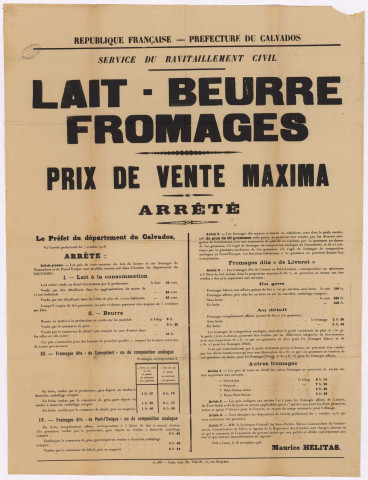Lait-beurre-fromages. Prix de vente maxima