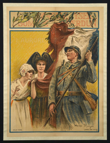 Affiche illustrée avec une femme alsacienne auprès d'une française embrassant le drapeau français porté par un soldat.