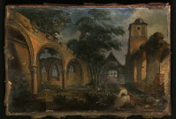 Ruines de la chapelle de Saint-Arnoult, avec une femme