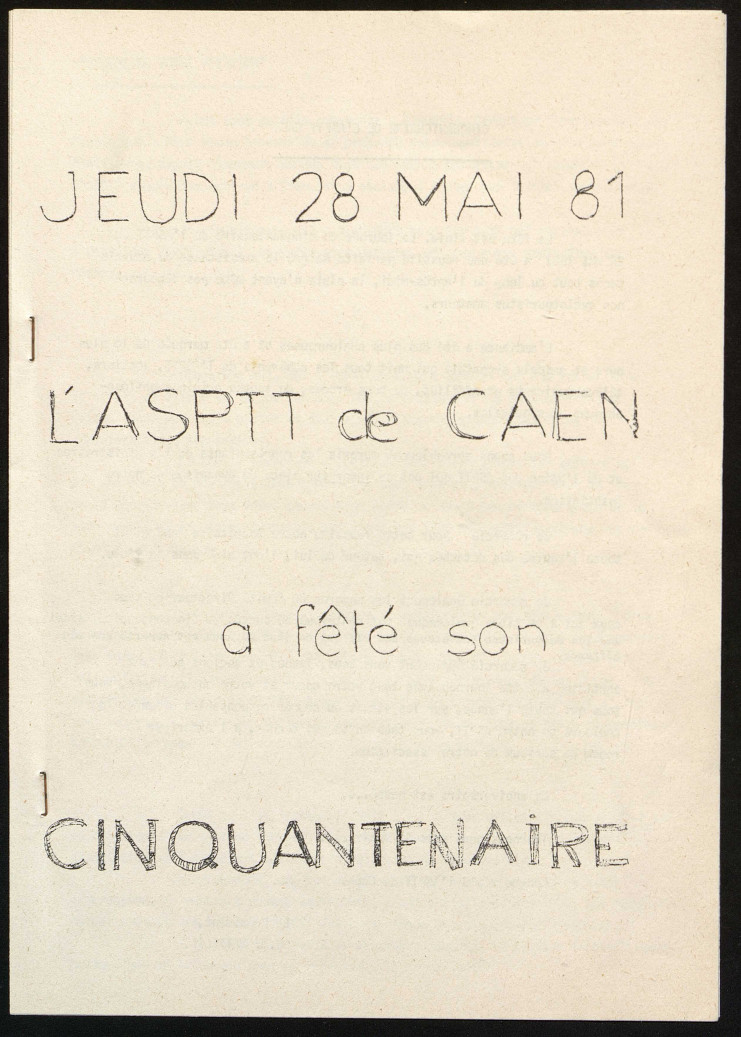 Cette page de garde indique : "Jeudi 28 mai 81 l'ASPTT de Caen a fêté son cinquantenaire."