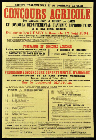 Affiche du concours agricole des cantons est et ouest de Caen, 12 août 1894.