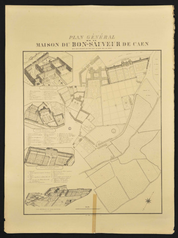 Plan général de la maison du Bon-Sauveur de Caen, par Hallot géomètre et A. Le Cointe lithographe. Avec représentations en élévation des bâtiments.