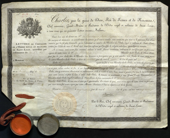 Diplômes d'attribution de la médaille de chevalier de Saint-Louis à Fortunat et Charles de Bonchamps