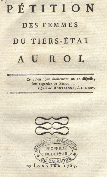 Page de garde du texte imprimé avec une citation des Essais de Montaigne (Ce qu'on sait droitement on en dispose, sans regarder au patron)