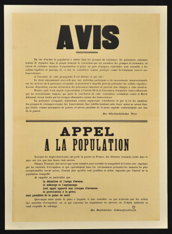 "Appel à la population" des troupes d'occupation allemande contre les groupes de Résistance.