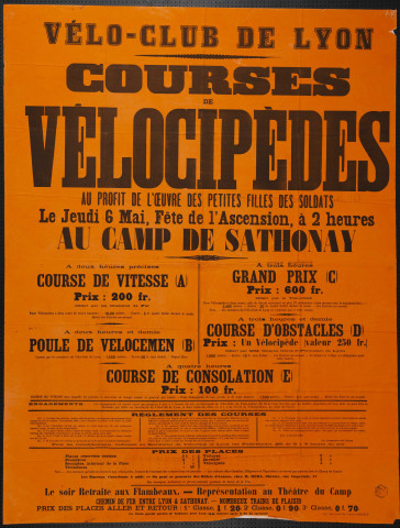Vélo-Club de Lyon, courses de vélocipèdes au profit de l'oeuvre des petites filles de soldats au camp de Sathonay