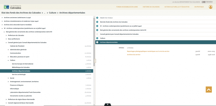 Capture d'écran d'une recherche via l'état des fonds sur le site internet des Archives du Calvados.