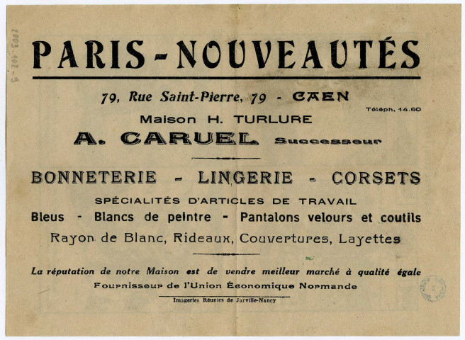Publicité pour "Paris Nouveautés", 79, Rue Saint-Pierre à Caen (Maison H. Turlure. A. Caruel Successeur). Bonneterie, lingerie... (n°6 à 9)
