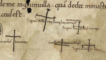 Mathilde comme Guillaume signait d'une croix. Son nom en latin accompagne cette croix avec la mention regina signifiant reine.