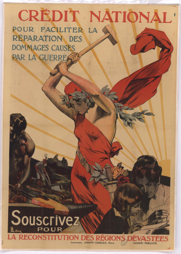 Affiche représentant une femme vêtue de rouge, probablement la Victoire car elle porte une couronne de lauriers et une épée. Cette femme bat le fer tant qu'il est chaud avec un marteau aidée par un homme. Sur la droite, une institutrice enseigne à une jeune fille.