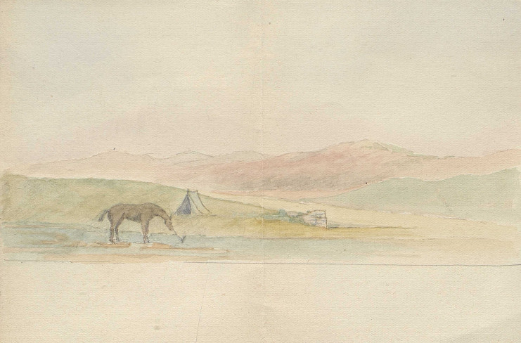 Ce dessin représente un campement au milieu d'une zone désertique et montagneuse avec au premier plan un cheval.