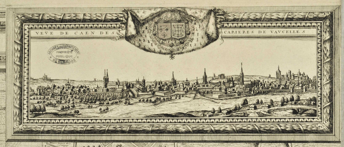 Cadomus. Caen. Plan de la ville de Caen entouré de vignettes représentant les édifices de la ville et de ses environs ainsi que des armoiries. F. Bignon