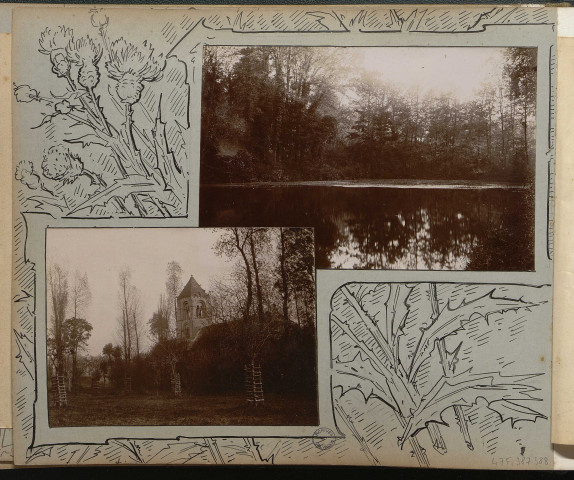 Eglise de Thaon et un plan d'eau ou rivière à proximité (photos n°387 et 388)