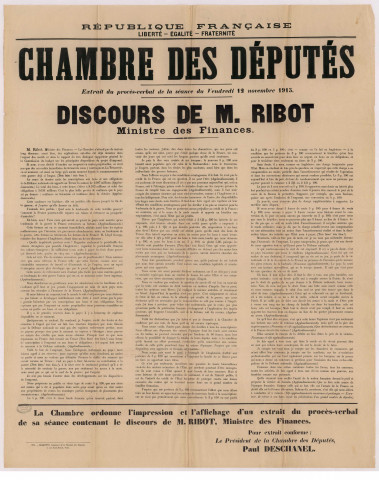 Extrait du procès-verbal de la séance du vendredi 12 novembre 1915 tenue à la chambre des députés.