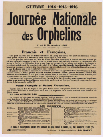 Affiche annonçant la journée nationale des orphelins (1916).