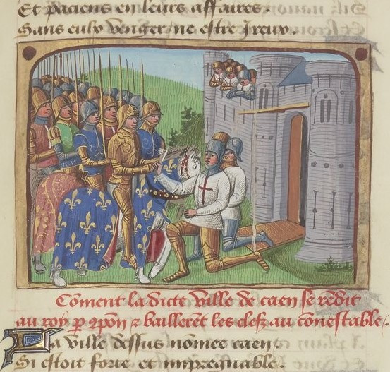 Enluminure représentant des soldats anglais, un genou à terre, qui remettent les clés de la ville au roi de France et à sa suite, à cheval